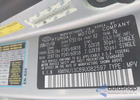 2009 Hyundai Veracruz Limited from USA, damaged, VIN KM8NU13C89U082597